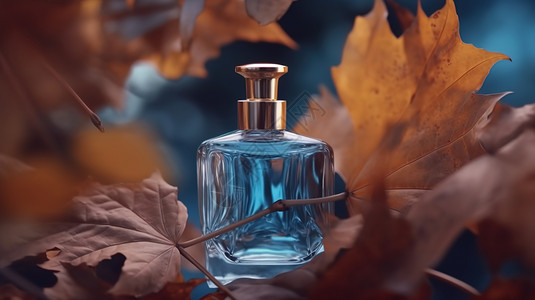 枫叶与透明香水瓶结合高清图片
