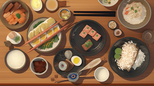 日式木桌日式拼盘俯视食物插画