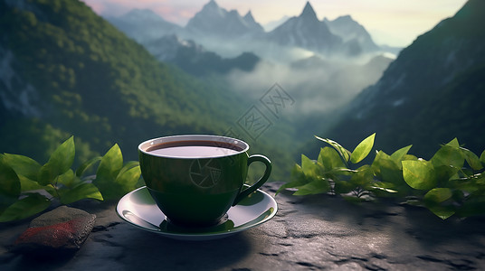 一杯百香果茶远山茶杯场景插画