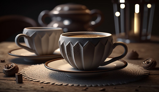 复古陶瓷咖啡壶咖啡和咖啡杯插画
