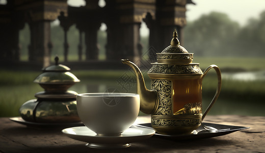 空碟子一壶茶水和空的茶杯插画