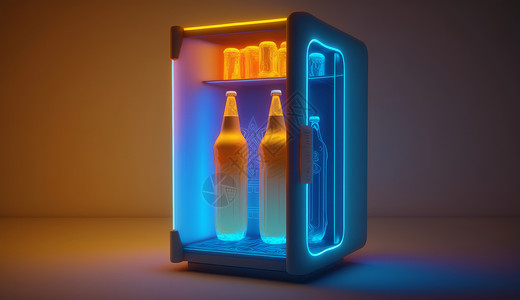 易拉罐饮料霓虹灯微型小冰箱插画
