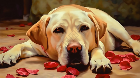 躺在地上狗躺在玫瑰花瓣上的狗插画