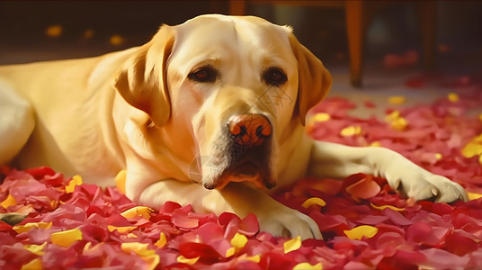 黄色玫瑰花瓣趴在地上的宠物狗插画