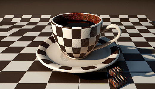 棋盘格咖啡杯子与桌布高清图片