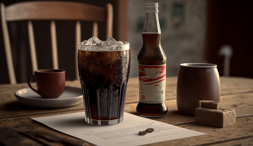 可口可乐瓶木桌上的冰可乐插画