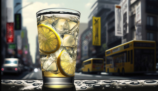 城市酒杯一杯冰块柠檬水插画