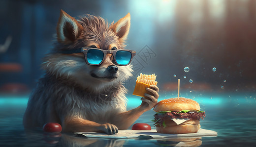 游泳池边吃汉堡的小狼图片