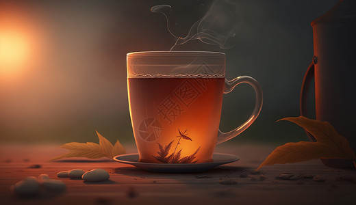 玻璃杯麦茶一杯优雅的热茶水插画