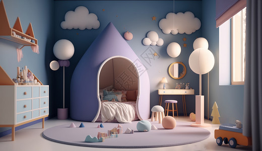 淡蓝色素材现代感的淡紫色儿童房间设计背景