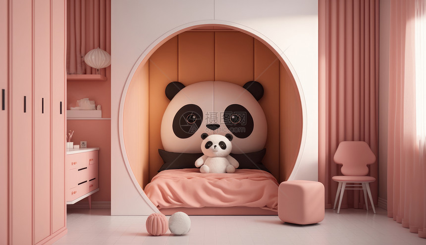粉色儿童卧室熊猫主题房间图片