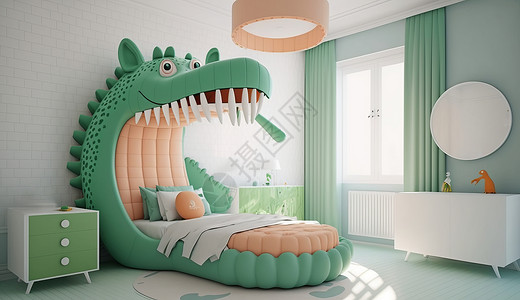 鳄鱼主题淡绿色卧室背景图片