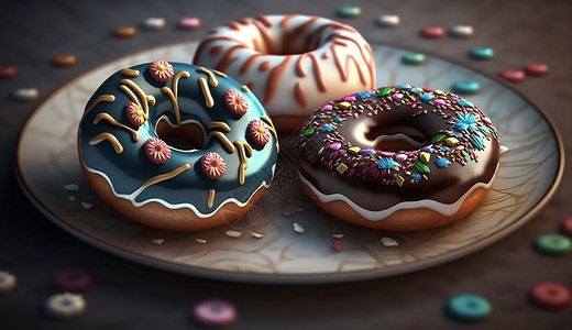 两个甜甜圈房子盘子的甜品插画
