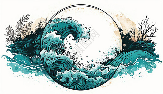 大海装饰汹涌的波浪边框装饰插画