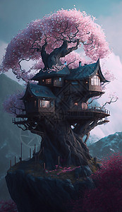 樱花树上的木屋背景图片