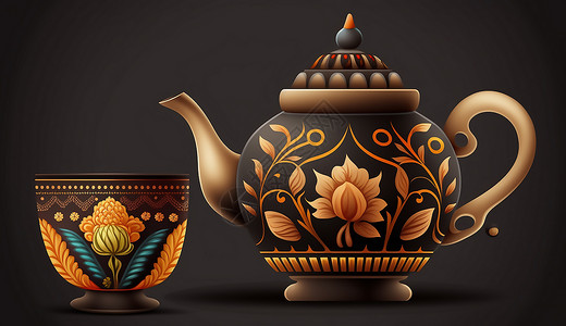 素雅黑色瓷器茶具插画