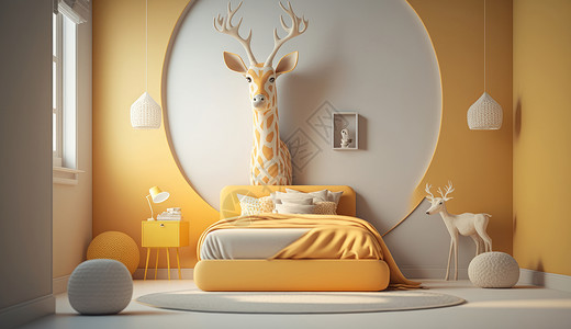 小鹿淡黄色动物主题卧室设计图片