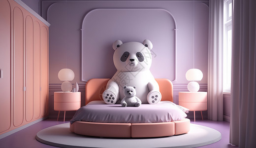 白熊玩具紫色主题儿童卧室设计高清图片