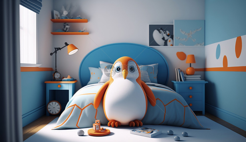 蓝色企鹅动物主题儿童卧室图片