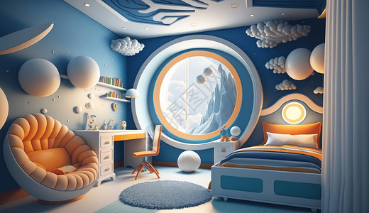 梦幻卧室蓝色梦幻星球主题儿童卧室插画