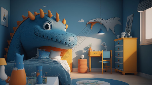 可爱的蓝色恐龙主题儿童卧室背景图片
