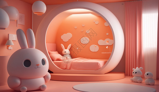 橙色兔子主题儿童卧室图片