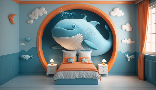 儿童壁画淡蓝色鲨鱼主题儿童卧室插画