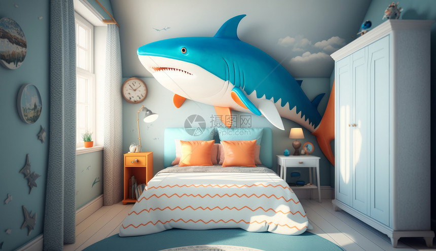 儿童卧室淡蓝色鲨鱼主题图片