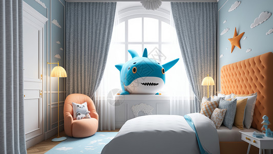 床头壁灯动物族主题儿童房设计之大鲨鱼插画
