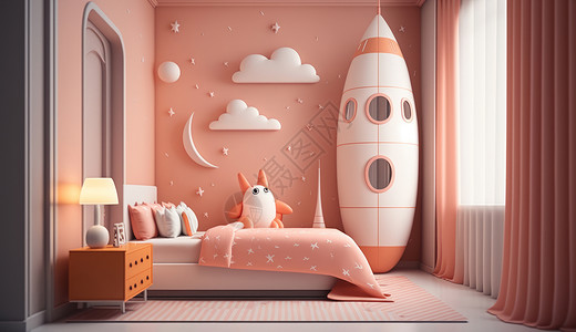 淡橙色火箭太空主题房间高清图片