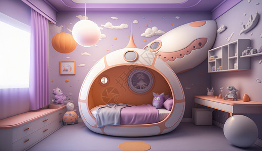 看着天花板猫淡紫色太空飞船主题儿童卧室插画