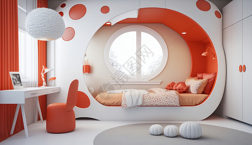 床白色儿童卧室红色与白色撞色设计插画