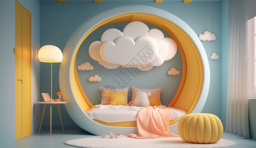 淡蓝色云朵主题儿童房背景图片