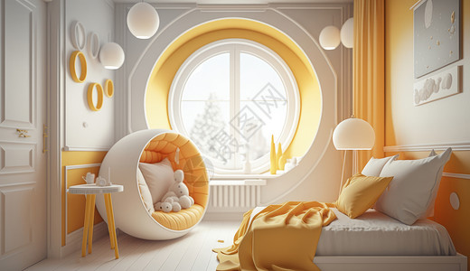 儿童卧室淡黄色简约风高清图片