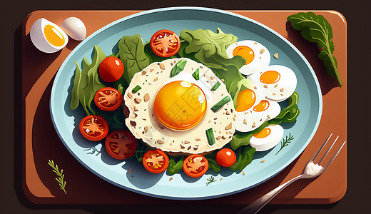 菠菜和西红柿美味的煎蛋插画