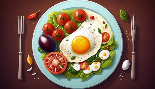 菠菜和西红柿营养丰富的早餐插画