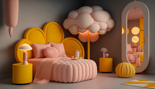 卧室镜子温馨的云朵主题粉色儿童卧室插画