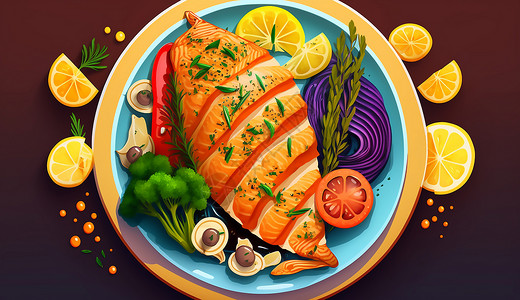 蔬菜鱼肉营养丰富的鱼肉插画