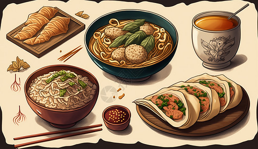 传统餐具传统营养午餐插画