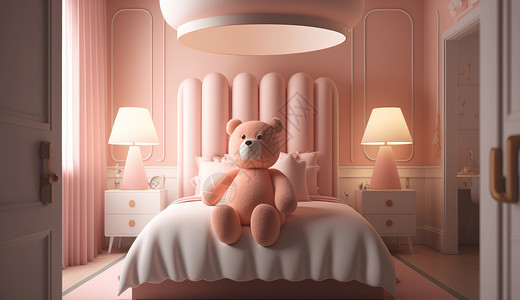 简约床上四件套粉色卡通玩具熊儿童卧室插画