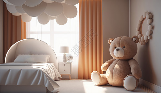 床头柜简约超大玩具熊浅棕色卧室插画