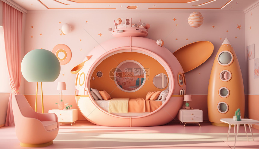 温馨的粉色与橙色太空主题儿童卧室图片