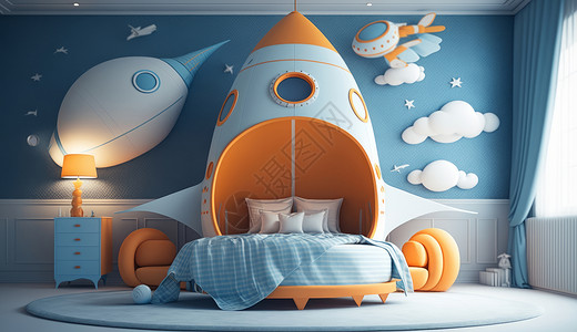 儿童卧室淡蓝色火箭主题图片