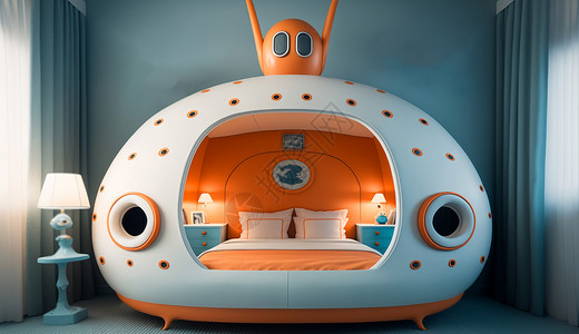 蚊帐素材淡蓝色太空之旅可爱的儿童卧室插画