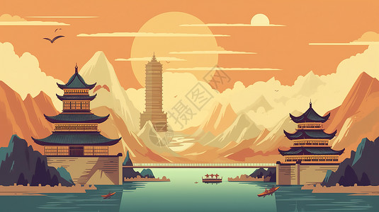 国潮复古中国旅游城市背景图片
