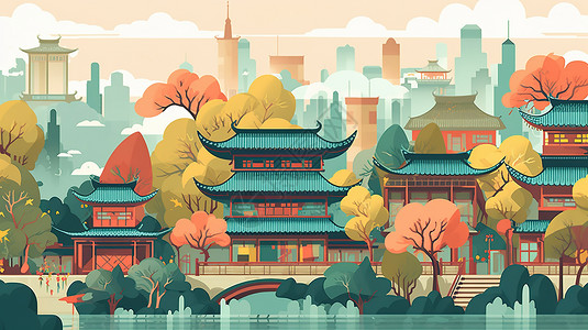 国潮复古中国城市景区背景图片