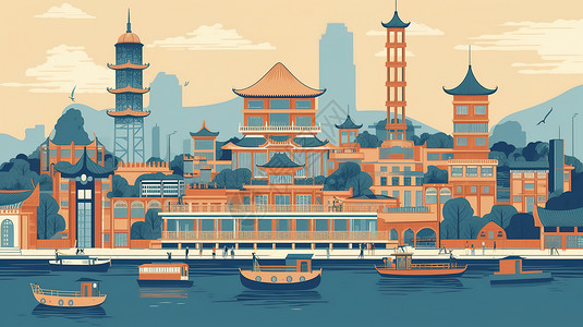 国潮复古中国古建筑旅游城市场景背景图片
