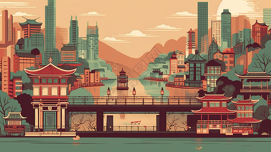 复古中国城市国潮插画背景图片