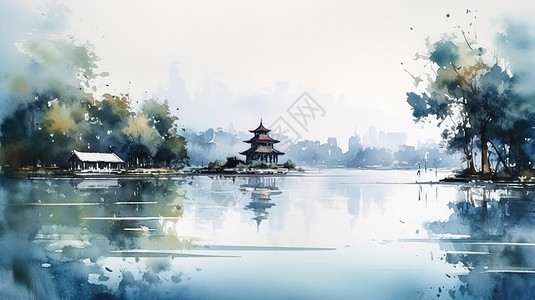 扬州慢水墨水彩晕染夏天中国景点插画