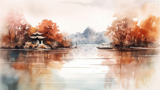奥尔塔湖景点水墨水彩晕染秋天中国景点插画